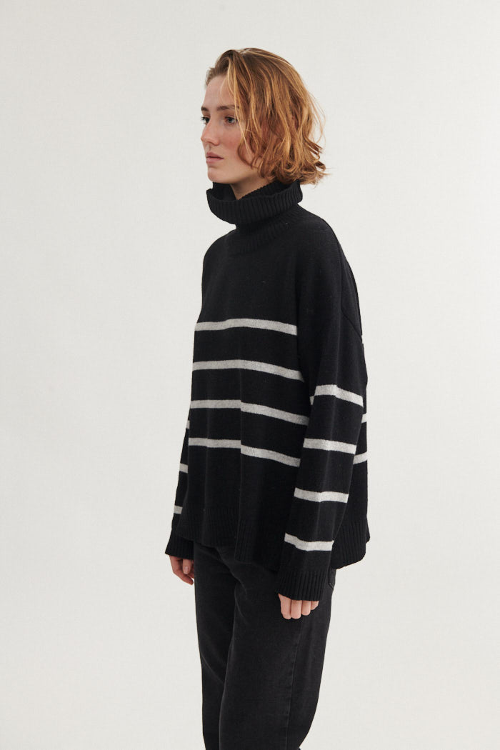 Basic Apparel Lise Striped T-Neck Sweaters 001 Black