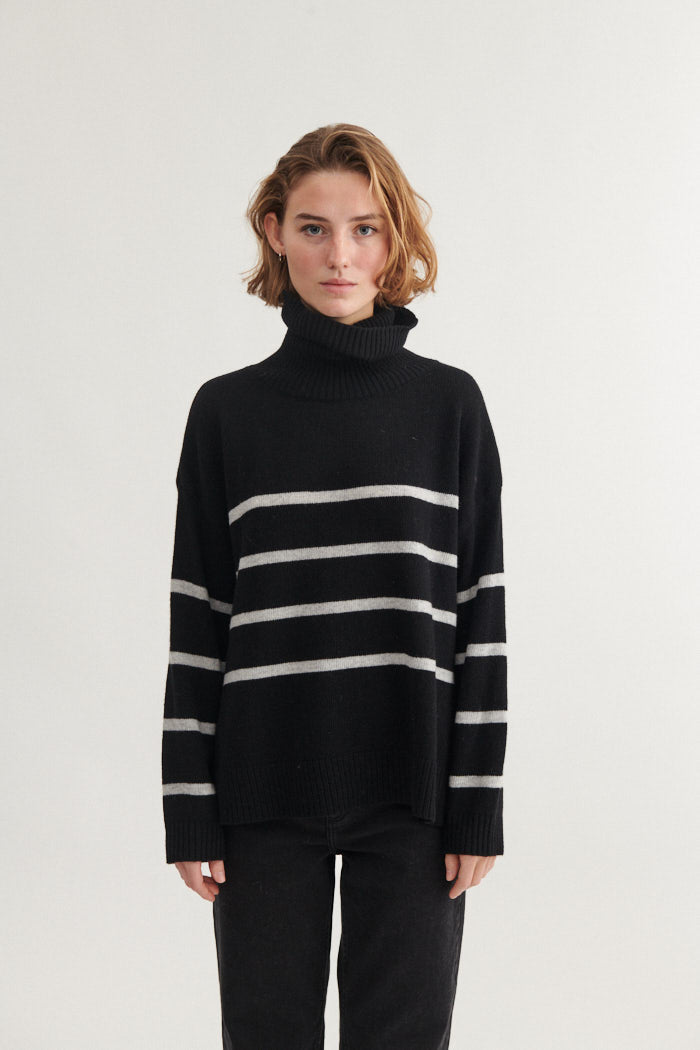 Basic Apparel Lise Striped T-Neck Sweaters 001 Black