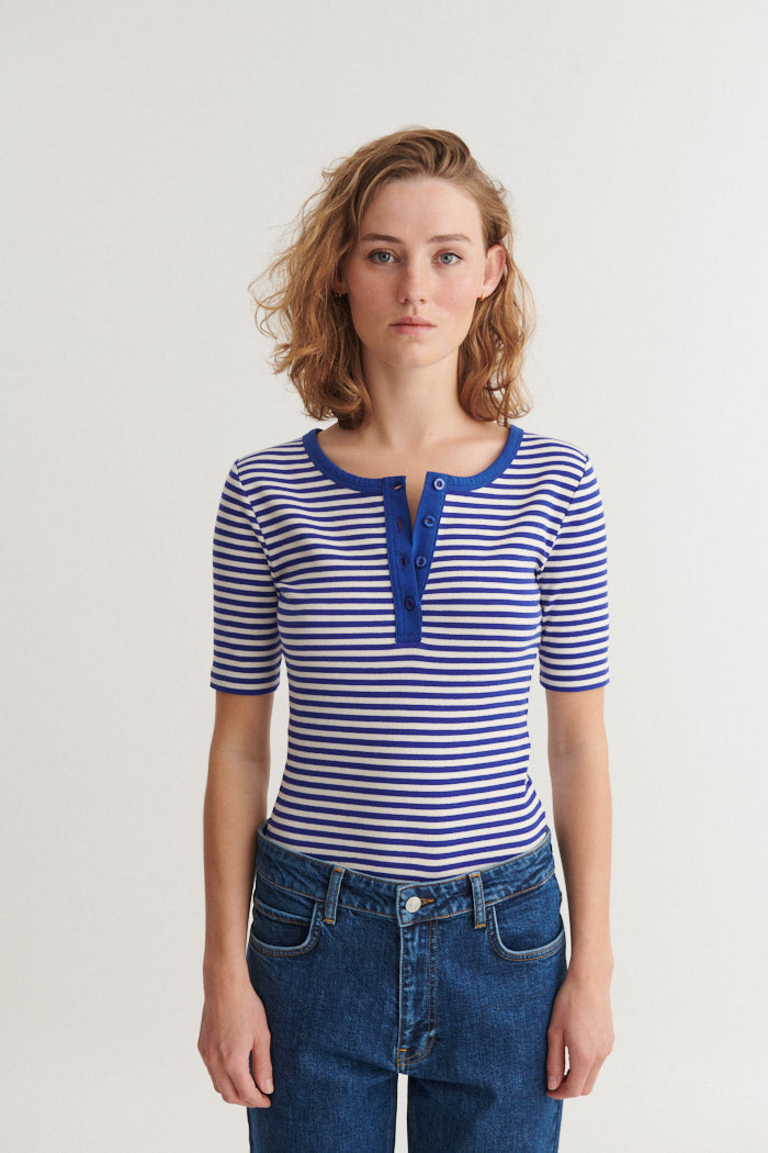 Basic Apparel Ludmilla SS Stripe Granddad T-shirts 867 Sodalite blue / whisper white