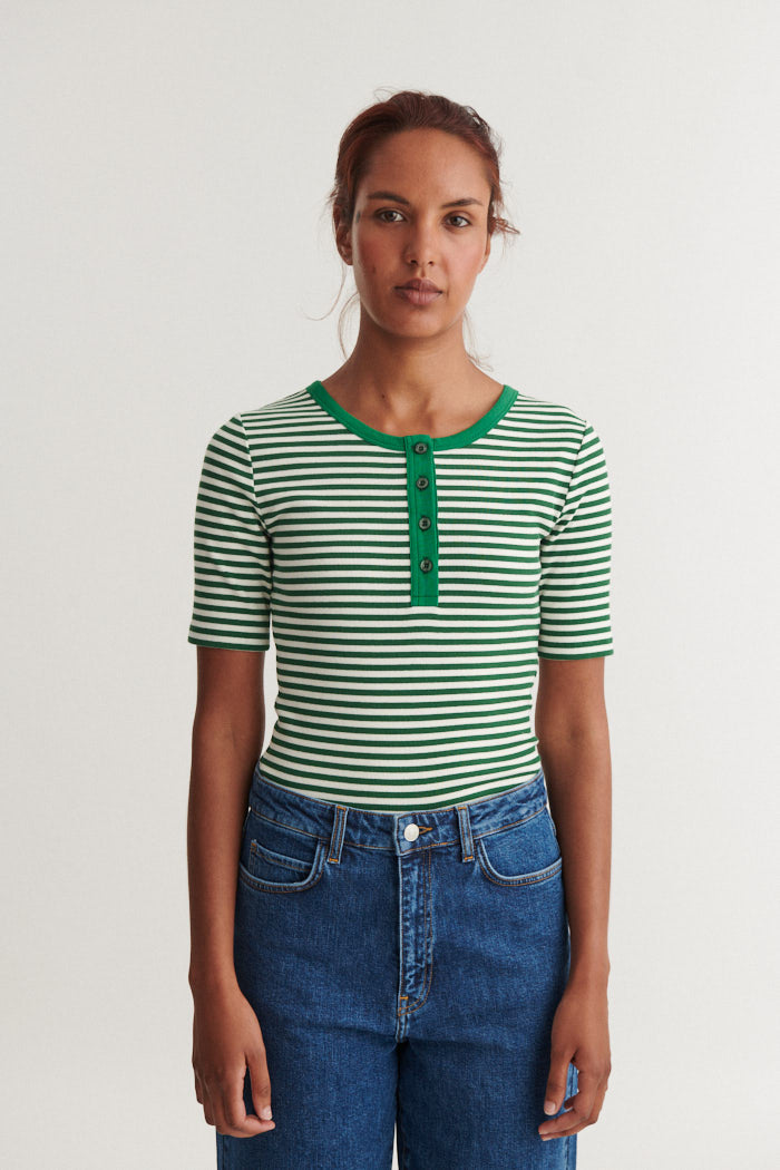 Basic Apparel Ludmilla SS Stripe Granddad T-shirts 869 Abundant green / whisper white