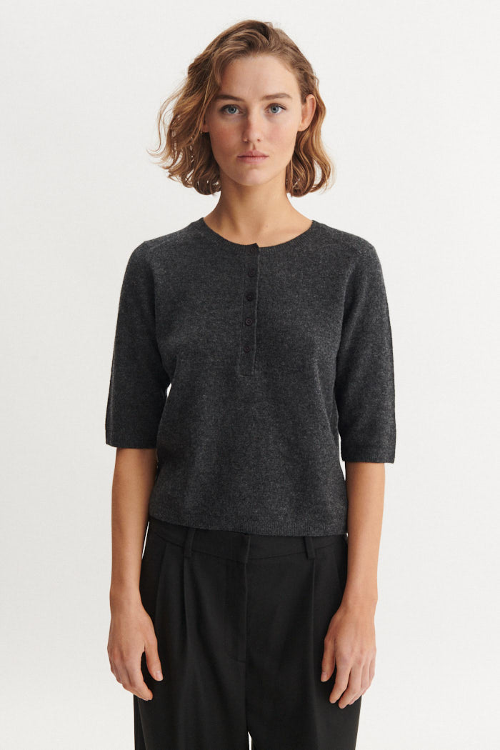 Basic Apparel Selem Granddad Tee Sweaters 393 Dark Grey Mel.